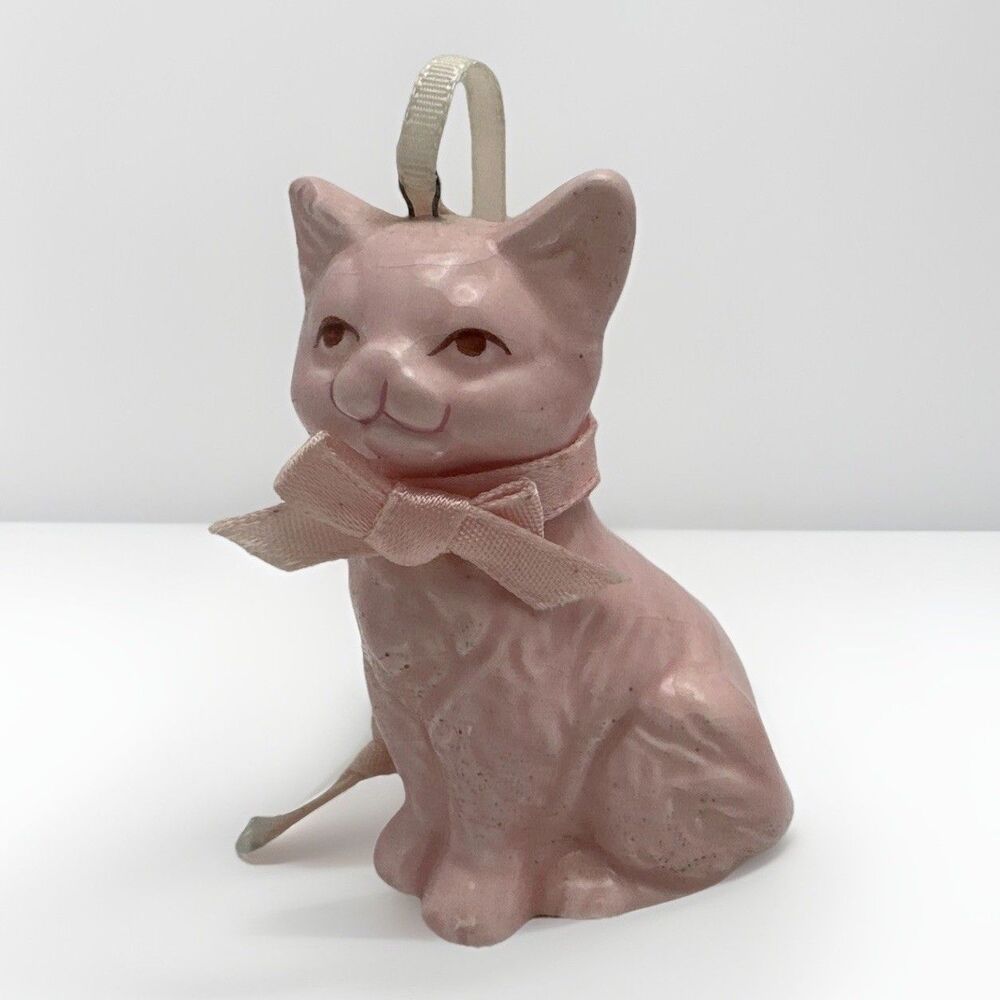 Vintage Midwest Taiwan Pink Ceramic Cat Kitty Ornament with Ribbon Glossy Finish